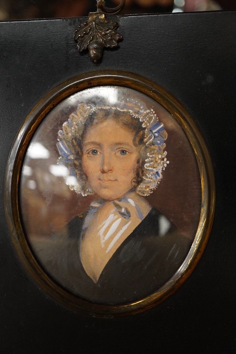 Regency school, Portrait miniature Harriet Hackey, neé Spencer, Leicestershire, oval watercolour on card, housed in an ebonised frame, 9 x 7cm